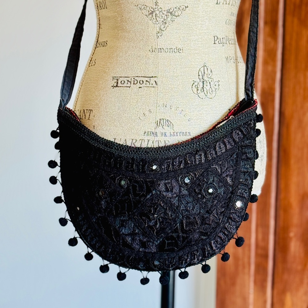 Vintage Black Crossbody Bag with Pom-Pom Trim
